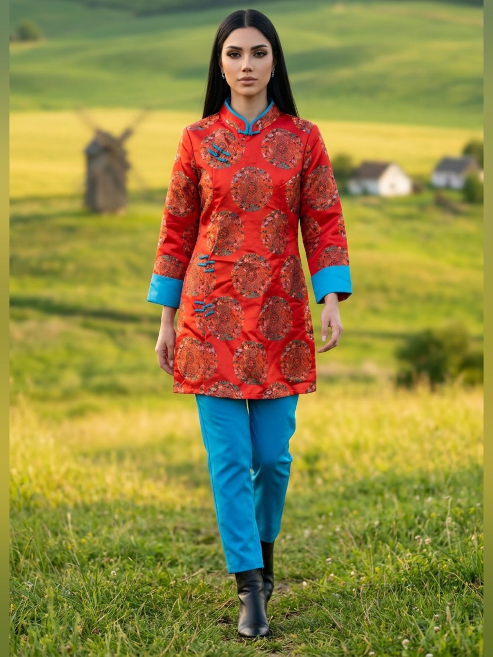 Red Satin Brocade Tunic with Bright Blue Cuffs